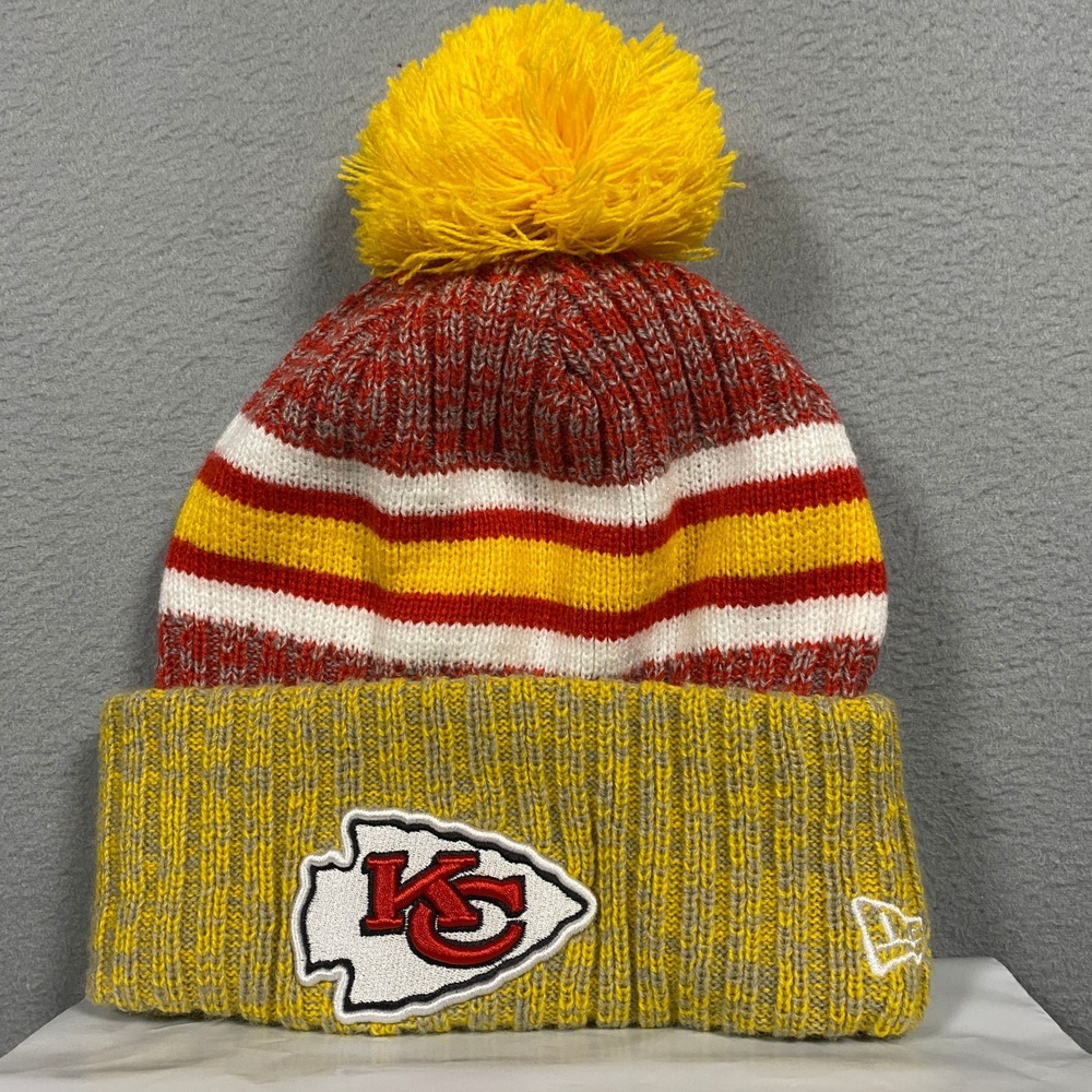 New Era Beanie Hat Mens OSFM Yellow Red Kansas City Chiefs NFL Knit Pom Cuffed